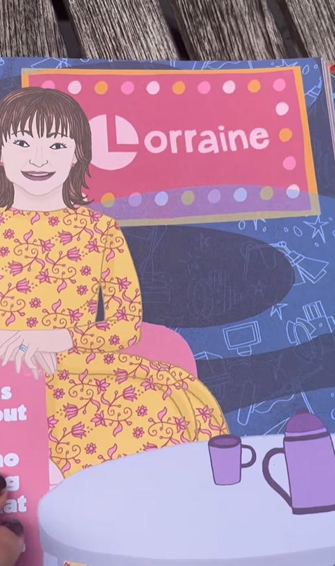 A cartoon drawing of Lorraine Kelly in a yellow floral dress