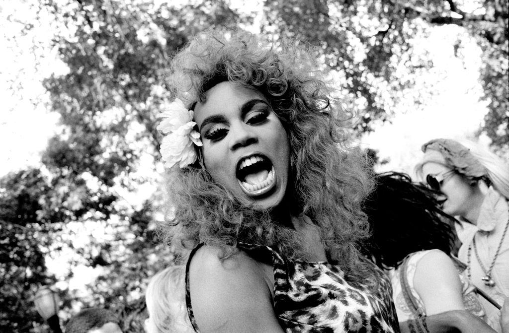 A black-and-white photo of RuPaul at Wigstock