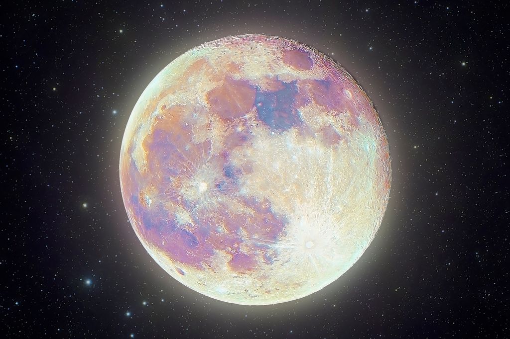 Highly detailed "Supermoon" Pink Moon image with a star field background
