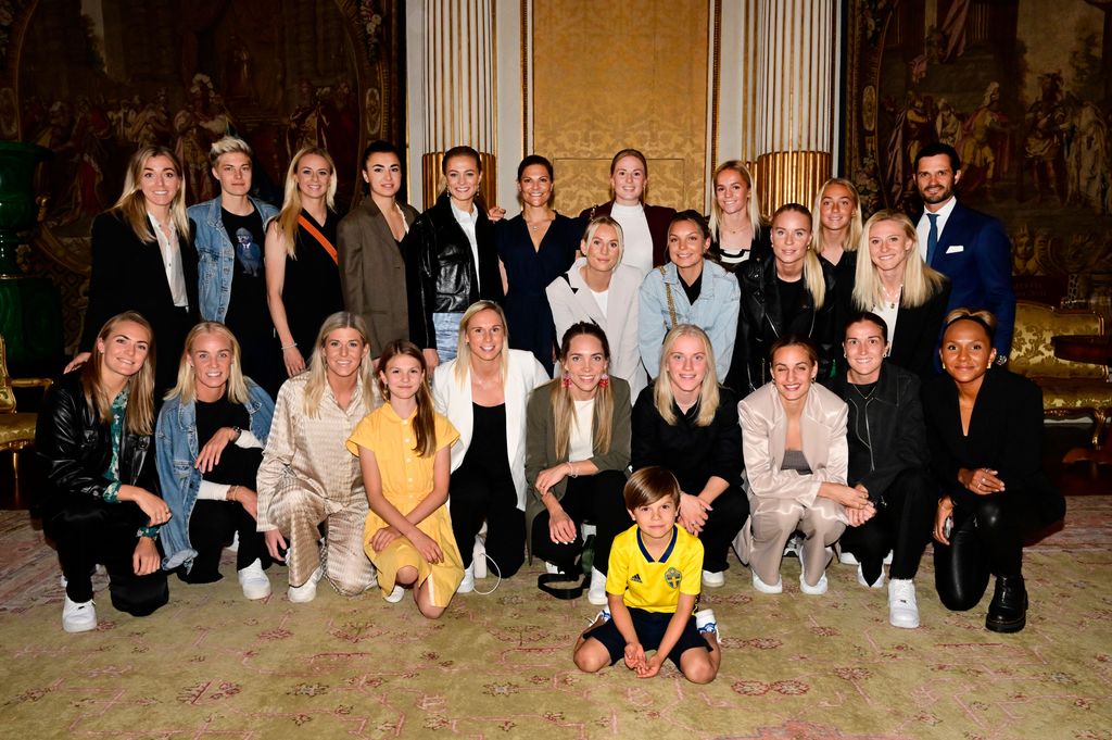 Crown Princess Victoria, Prince Carl Philip, Princess Estelle and Prince Oscar receive the World Cup bronze medalists in football at the Royal Palace in Stockholm, Sweden 