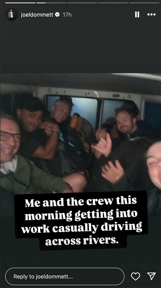 Joel Dommett and his crew driving to set