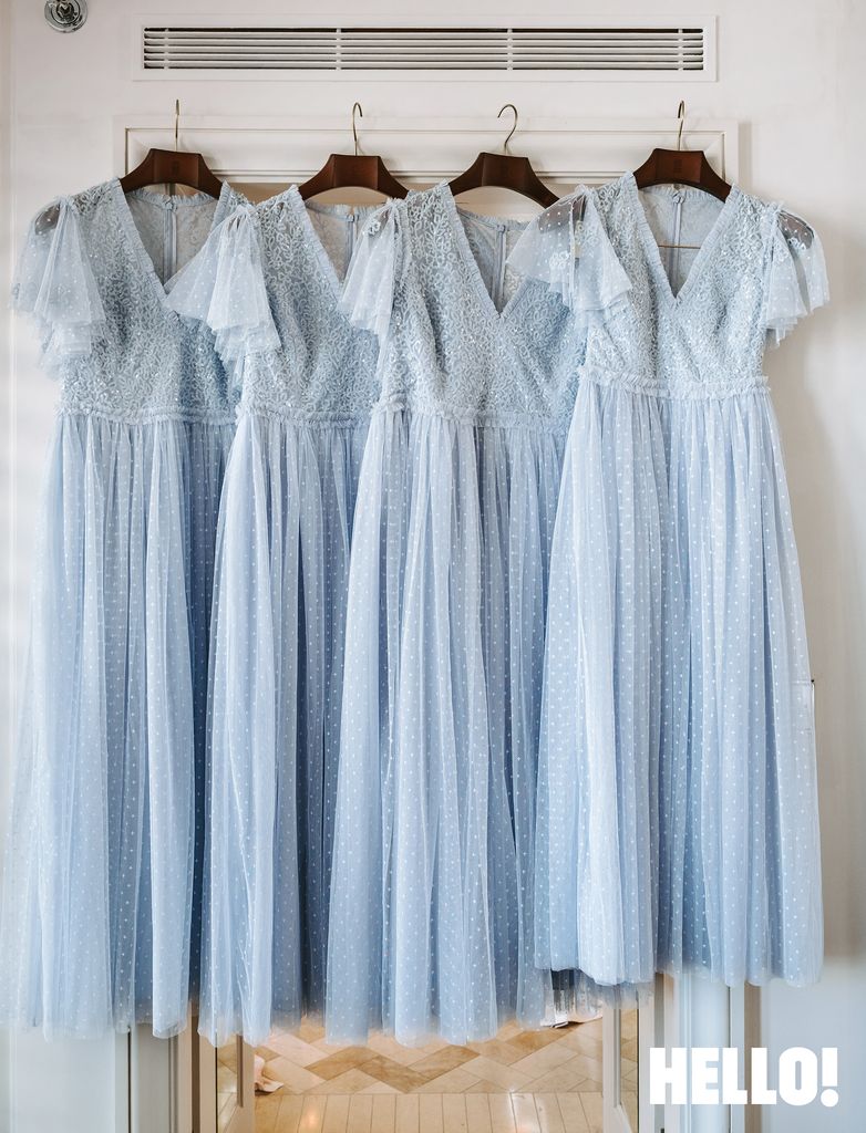 Louise Pentland's blue bridesmaid dresses on hangers