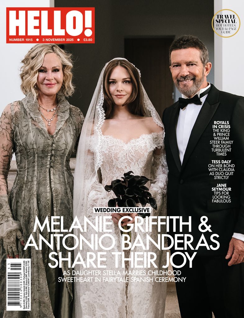 Cover of HELLO! magazine with a bride in the middle and her mother and father on either side