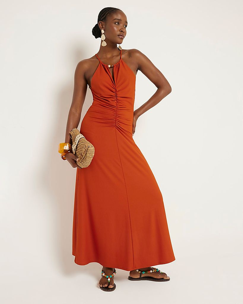 Rust Ruched Halter Neck Bodycon Maxi Dress