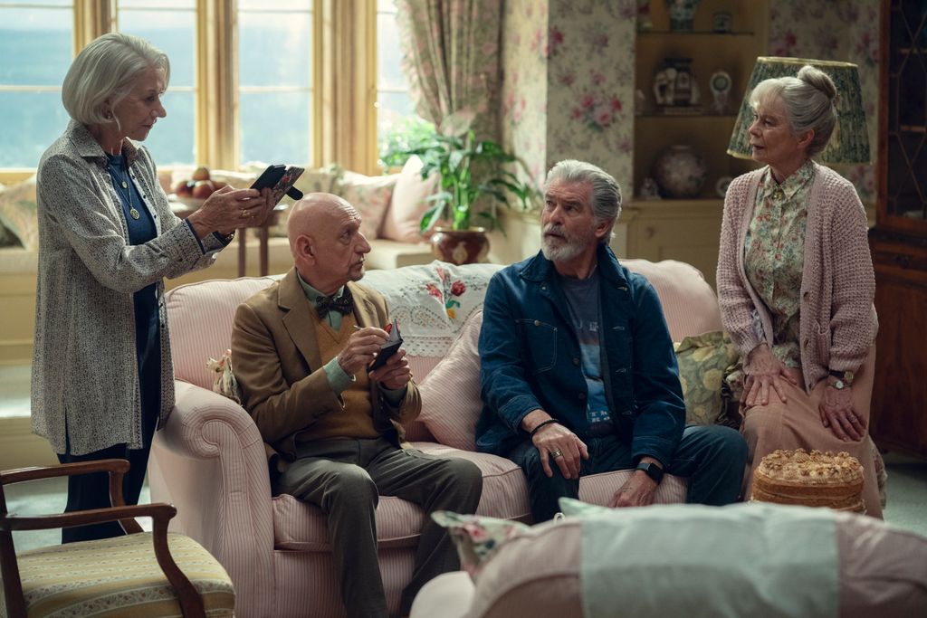 Screen grab of The Thursday Murder Club featuring Helen Mirren, Ben Kingsley, Pierce Brosnan and Celia Imrie
