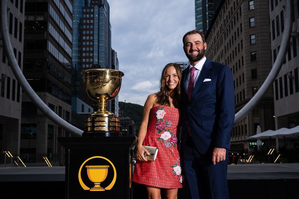 Scottie Scheffler of the U.S. Team and his wife Meredith pose for a formal photo at The Ring before attending the Presidents Cup Celebration prior to the 2024 Presidents Cup at The Royal Montreal Golf Club on September 24, 2024 in Montreal, Quebec