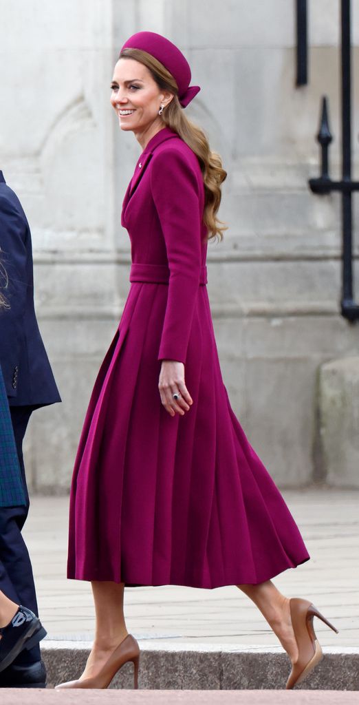 Kate Middleton, the Princess of Wales departs Buckingham Palace to watch a military procession, down The Mall, to mark the 80th anniversary of VE Day on May 5, 2025 in London, England. 