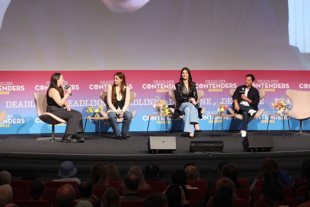 Katie Campione, Riley Keough, Camila Morrone and Scott Neustadter speak onstage during Deadline Contenders Television at Directors Guild Of America on April 15, 2023 in Los Angeles, California