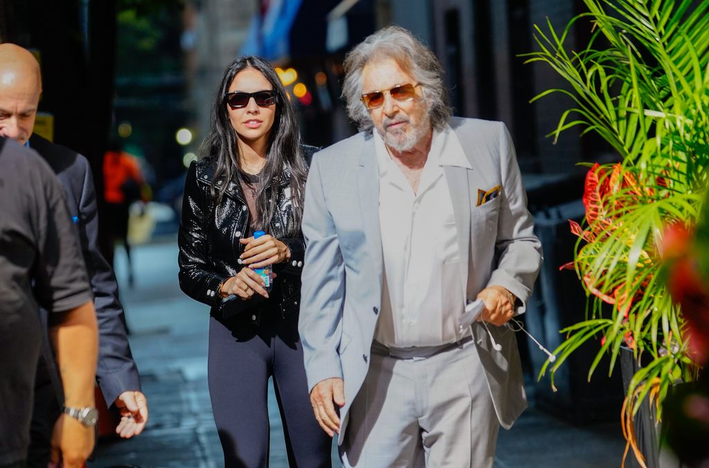 NEW YORK, NEW YORK - AUGUST 24: Noor Alfallah and Al Pacino arrive for a music video shoot with Bad Bunny on August 24, 2023 in New York City. (Photo by Gotham/GC Images)