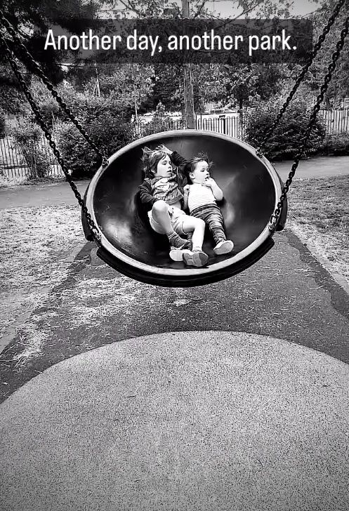 Two children playing on a circular swing