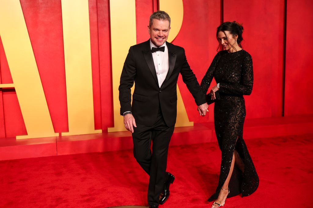 Matt Damon and Luciana Barroso at the 2024 Vanity Fair Oscar Party held at the Wallis Annenberg Center for the Performing Arts on March 10, 2024 in Beverly Hills, California.