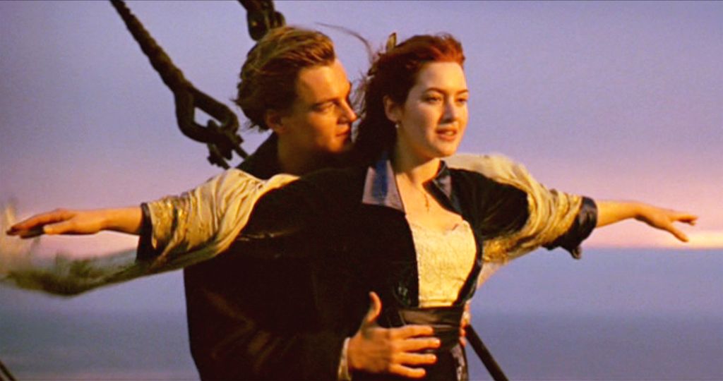 The movie "Titanic", written and directed by James Cameron. Seen here from left, Leonardo DiCaprio as Jack and Kate Winslet as Rose. Initial USA theatrical wide release December 19, 1997. Screen capture. Paramount Pictures