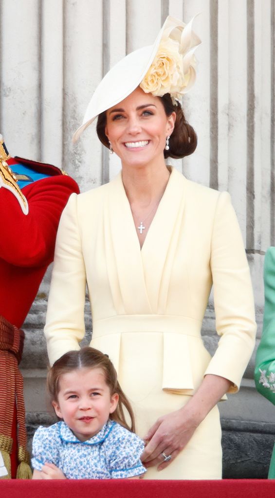 Catherine, Duchess of Cambridge and Princess Charlotte of Cambridge watch a flypast from the balcony of Buckingham Palace during Trooping The Colour, the Queen's annual birthday parade, on June 8, 2019 in London, England.