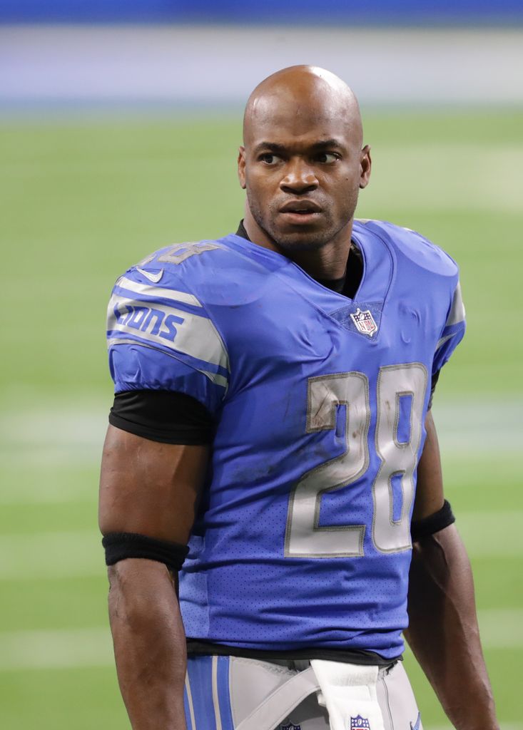 Adrian Peterson #28 of the Detroit Lions watches the action from the sidelines during the fourth quarter of the game against the Minnesota Vikings at Ford Field on January 03, 2021 in Detroit, Michigan. Minnesota defeated Detroit 37-35.