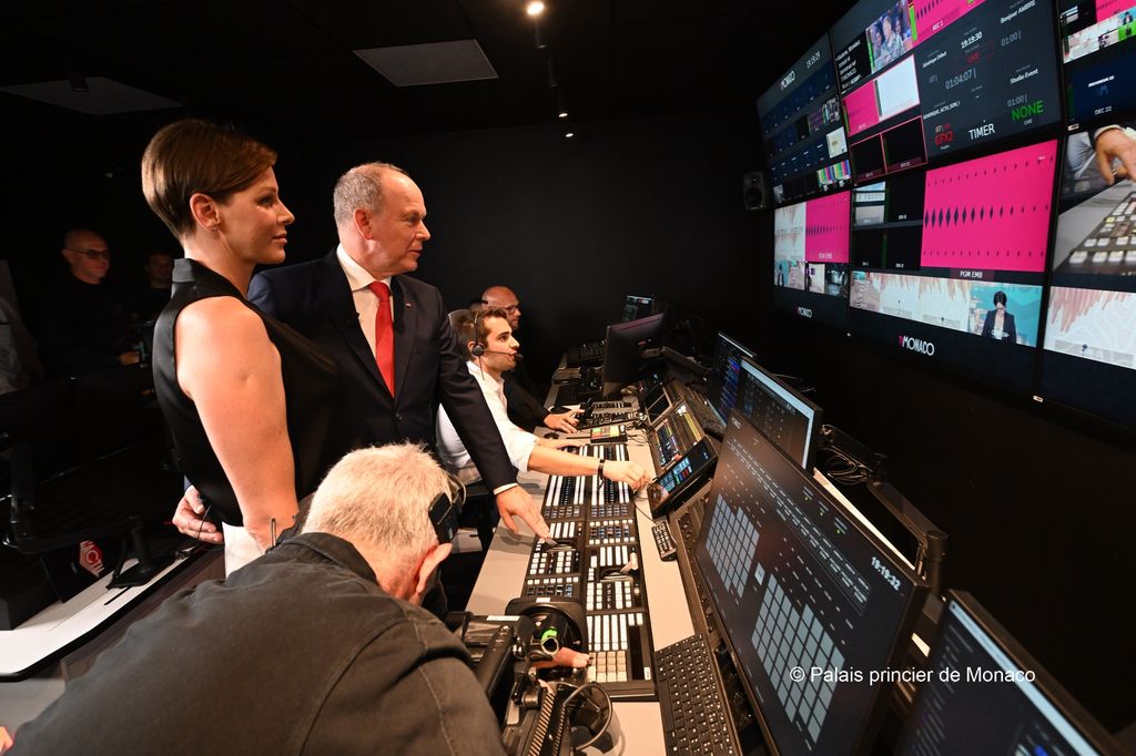 Prince Albert and Princess Charlene in the control room at TVMonaco