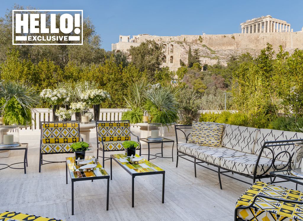 Celia Kritharioti home in Greece with Parthenon in background and geometric print furniture on roof terrace