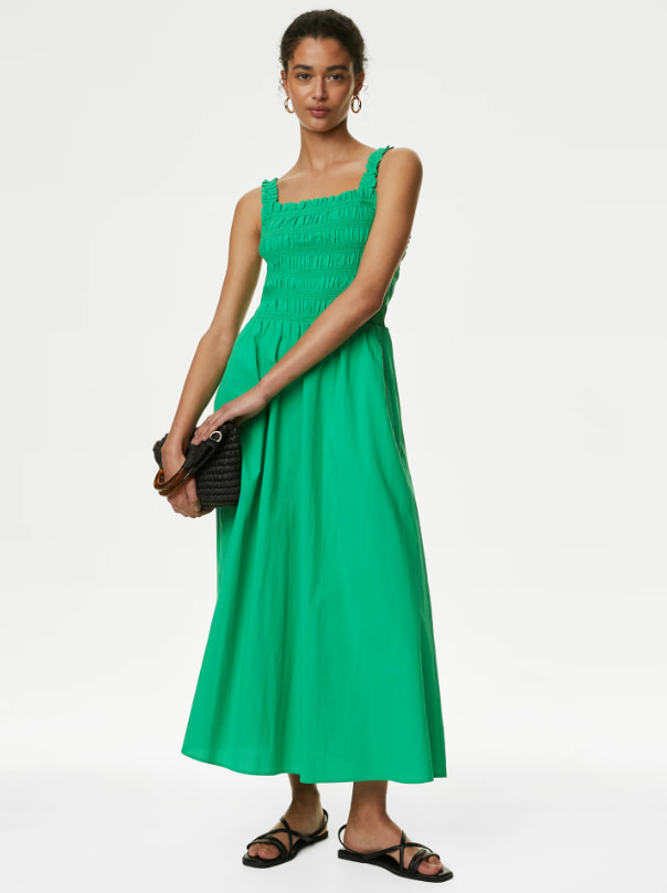 marks and spencer green shirred dress 