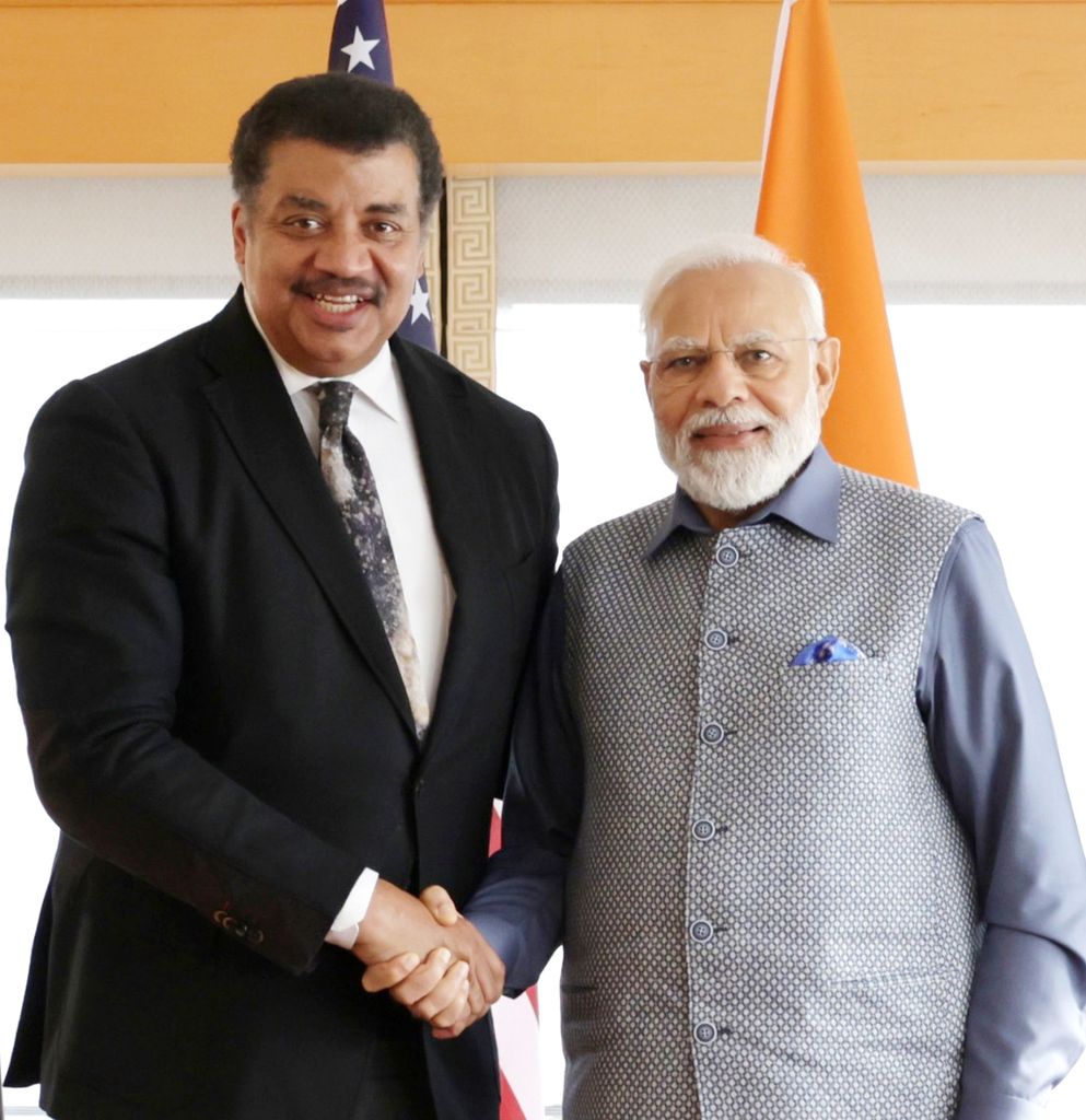 Indian Prime Minister Narendra Modi meets with Neil de Grasse Tyson in New York, United States on June 20, 2023, one month before India's Moon landing.