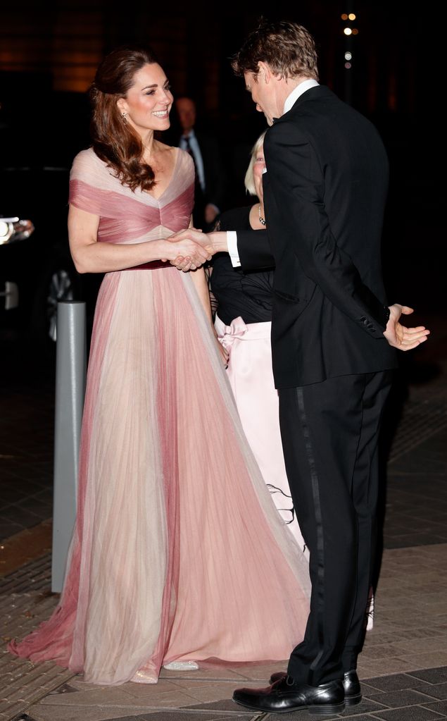 Kate Middleton wearing a pink Gucci ballgown at the 100 Women in Finance Gala Dinner in aid of 'Mentally Healthy Schools' at the Victoria and Albert Museum on February 13, 2019 in London, England. 