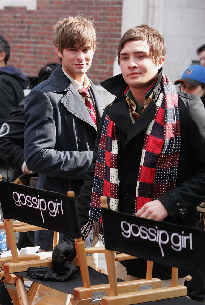 Noughties nostalgia! Chace Crawford and Ed Westwick on location for "Gossip Girl" on 14 March 2008 in New York City.