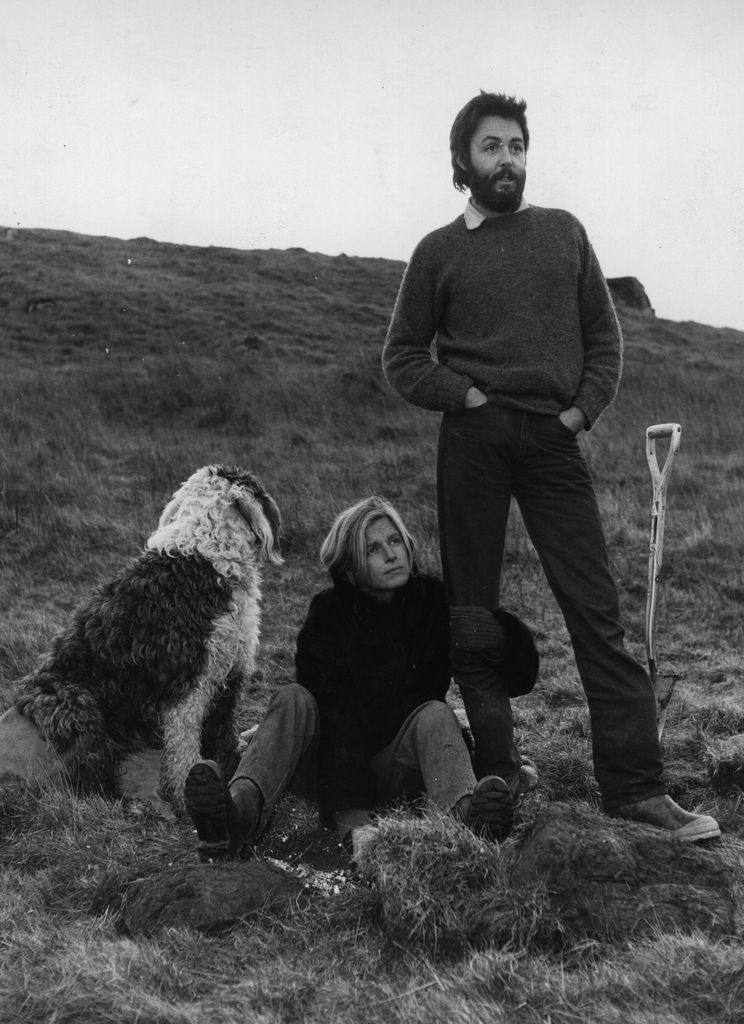 Paul and Linda McCartney (1941 - 1998) on their farm near the fishing town of Campbeltown, with their dog Martha, Scotland, UK, February 1971. (Photo by Evening Standard/Getty Images)