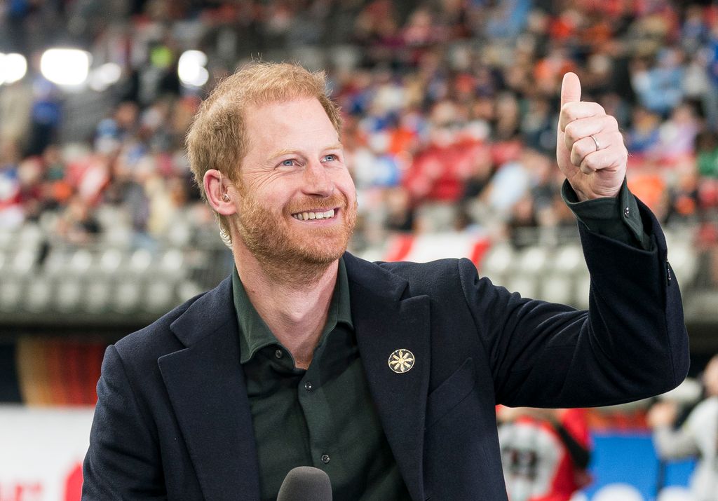 Prince Harry acknowledges fans prior to the start of a TV interview during pre-game festivities before the start of the 2024 Grey Cup 