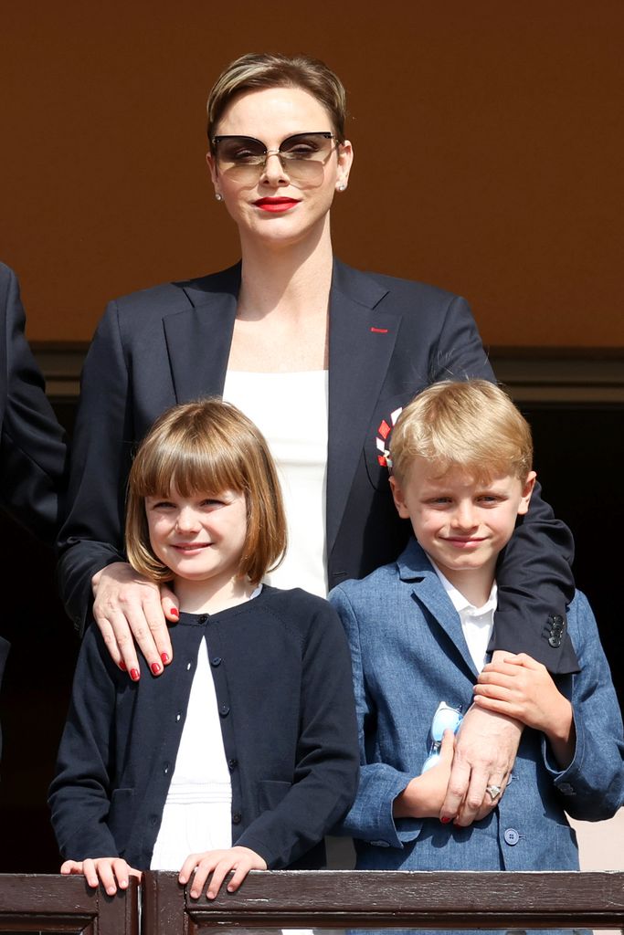 Princess Charlene of Monaco, Princess Gabriella of Monaco and Prince Jacques of Monaco attend the Sainte Devote Rugby Tournament on April 22, 2023 