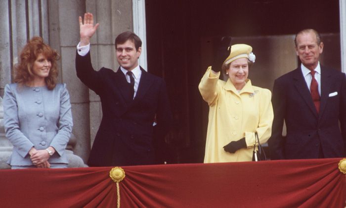 Sarah Ferguson and Prince Andrew on the palace balcony with the Queen and Prince Philip
