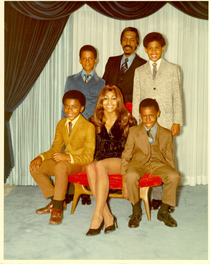 Ike & Tina Turner pose for a portrait with their son and step-sons in 1972. Clockwise from bottom left: Michael Turner (Son of Ike & Lorraine Taylor), Ike Turner, Jr. (Son of Ike & Lorraine Taylor), Ike Turner, Craig Hill (Son of Tina & Raymond Hill), Ron
