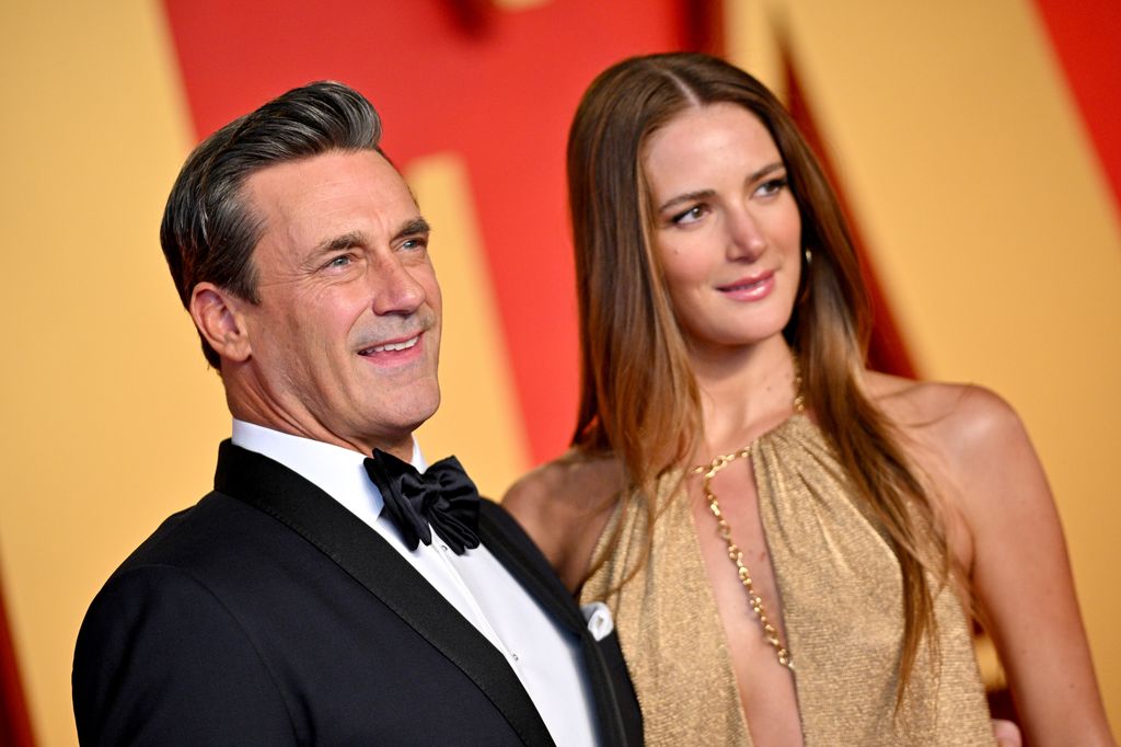 BEVERLY HILLS, CALIFORNIA - MARCH 10: Jon Hamm and Anna Osceola attend the 2024 Vanity Fair Oscar Party Hosted By Radhika Jones at Wallis Annenberg Center for the Performing Arts on March 10, 2024 in Beverly Hills, California. (Photo by Lionel Hahn/Getty Images)