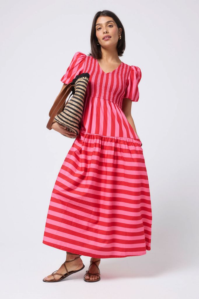 Gaun maxi lengan puff stripe