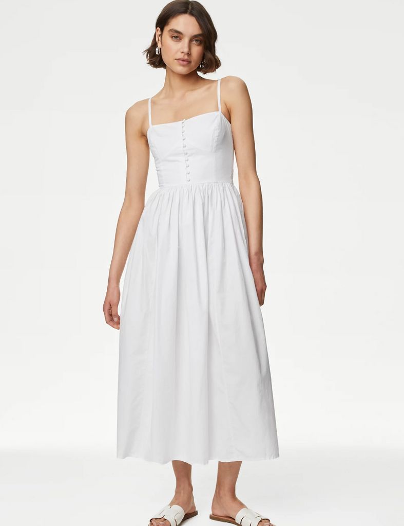 M&S Pure Cotton Strappy Midi Cami Waisted Dress 