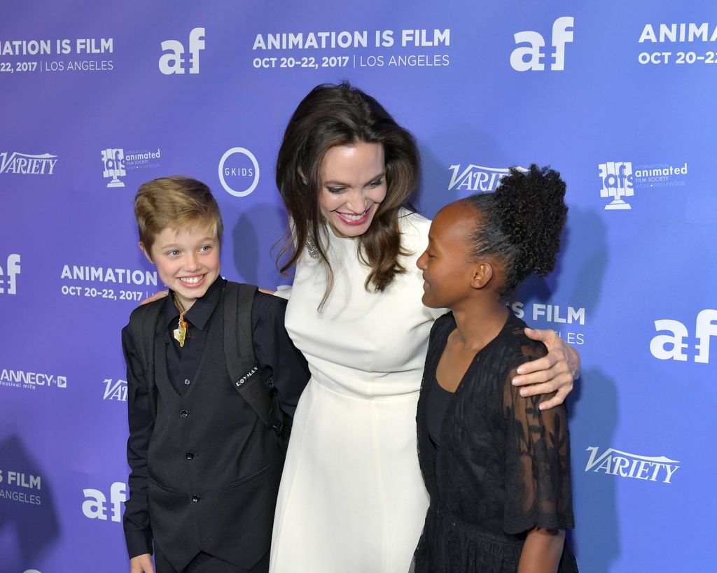 Shiloh Jolie-Pitt, Angelina Jolie and Zahara Jolie-Pitt attend the Premiere Of Gkids' "The Breadwinner" at TCL Chinese 6 Theatres on October 20, 2017 in Hollywood, California