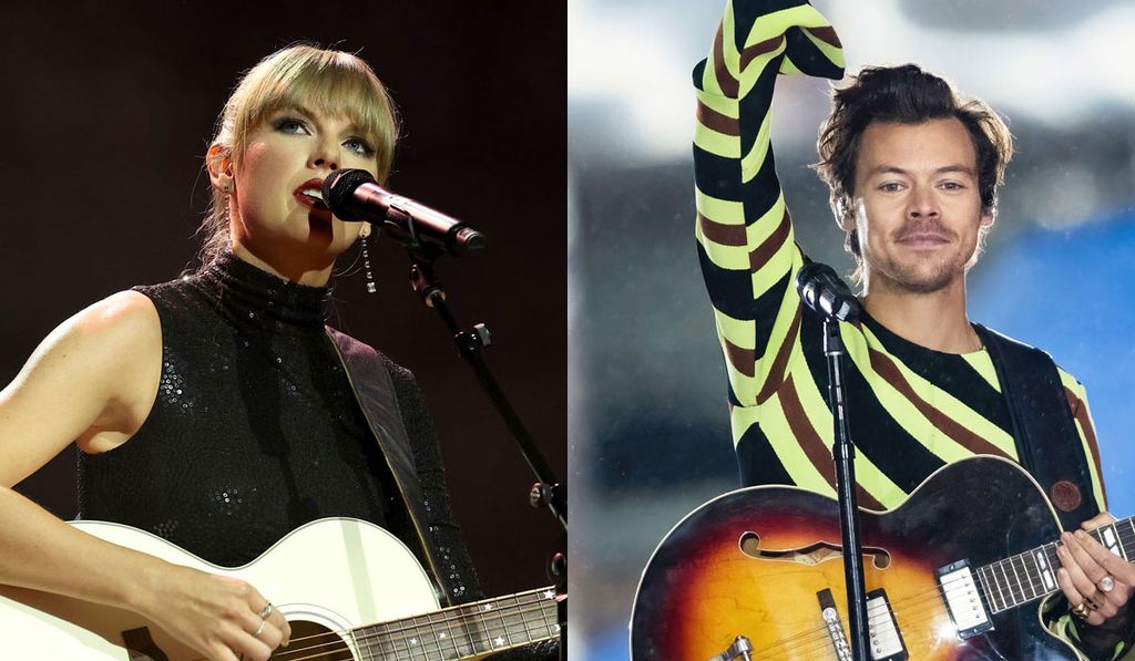 Taylor Swift and Harry Styles playing guitar in separate images 