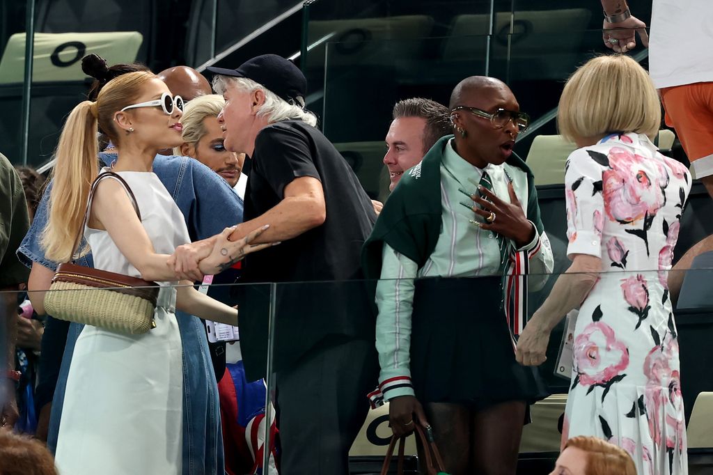 Ariana Grande (L), Cynthia Erivo (2nd-R), and Anna Wintour (R) attend the Artistic Gymnastics Women's Qualification