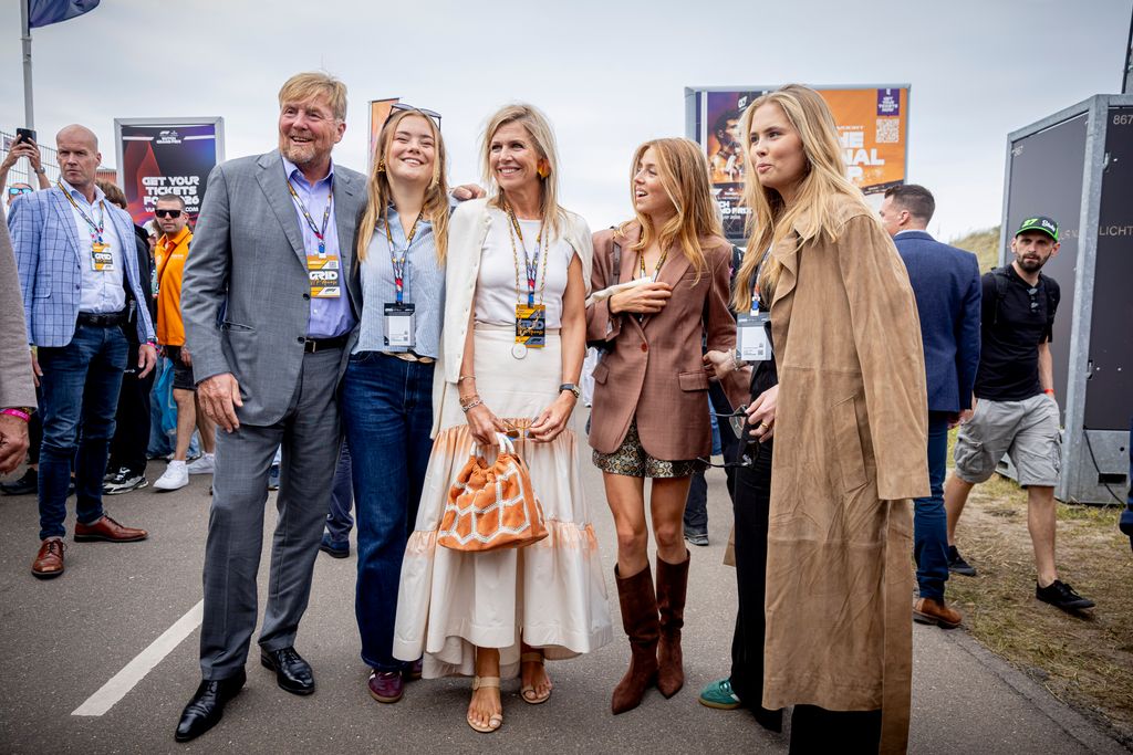 King Willem-Alexander of The Netherlands, Princess Ariane of The Netherlands, Queen Maxima of The Netherlands, Princess Alexia of The Netherlands and Princess Amalia of The Netherlands at the Dutch Grand Prix  stood in a line