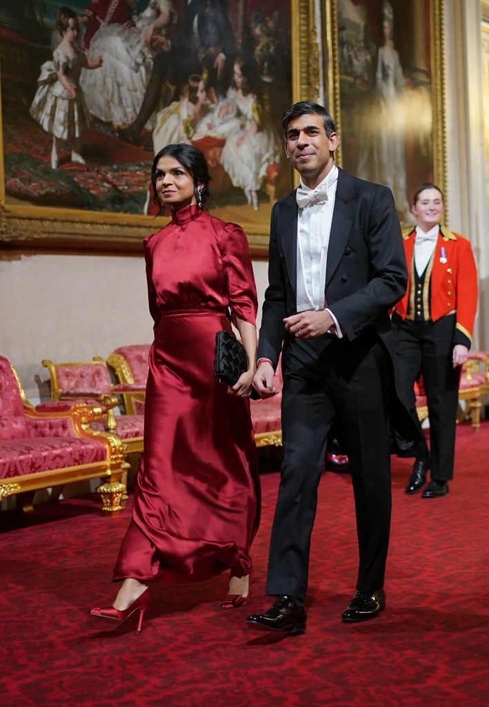 Britain's prime minister Rishi Sunak and wife Akshata Murty attend the State Banquet at Buckingham Palace on November 21, 2023 in London, England