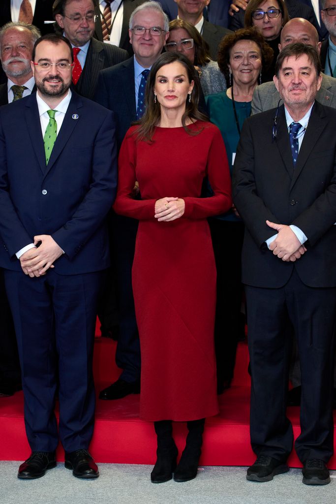 Queen Letizia of Spain at the meeting of Cervantes Institutes directors in red dress