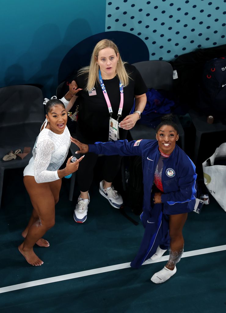 Simone Biles and Jordan Chiles of Team United States celebrate winning the silver and bronze medals respectively after competing in the Artistic Gymnastics Women's Floor Exercise Final on day ten of the Olympic Games Paris 2024 at Bercy Arena on August 05, 2024 in Paris, France.