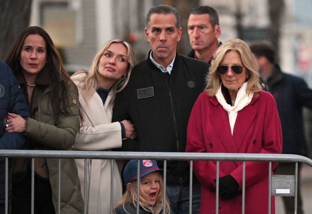 Daughter of US president Ashley Biden, daughter-in-law Melissa Cohen Biden, grandson Beau, son Hunter Biden and US First Lady Jill Biden attend a Christmas tree lighting in Nantucket, Massachusetts, on November 29, 2024