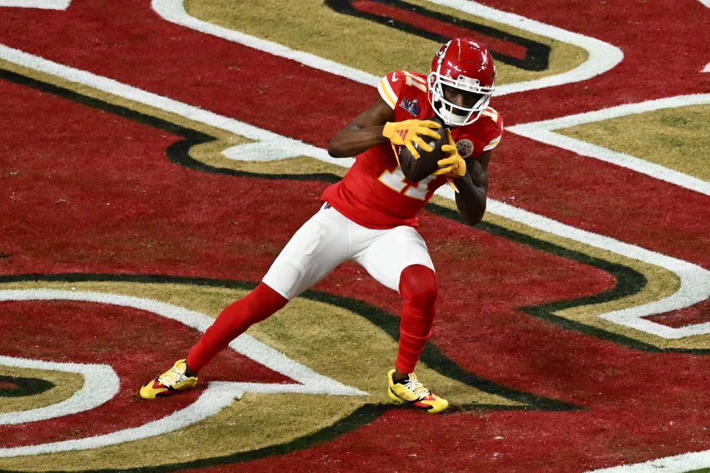 Kansas City Chiefs' wide receiver #11 Marquez Valdes-Scantling celebrates scores a touchdown during Super Bowl LVIII between the Kansas City Chiefs and the San Francisco 49ers at Allegiant Stadium in Las Vegas, Nevada, February 11, 2024.