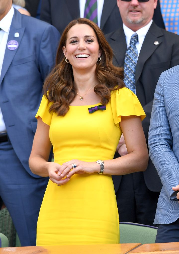 Catherine, Duchess of Cambridge attends the men's single final on day thirteen of the Wimbledon Tennis Championships at the All England Lawn Tennis and Croquet Club on July 15, 2018 in London, England. 