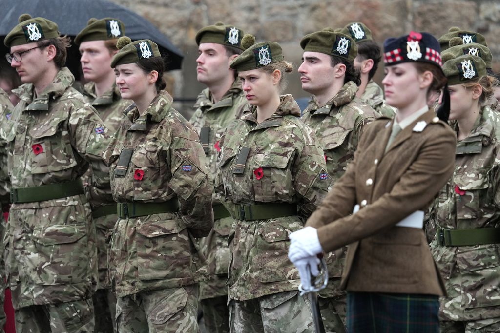 *Lady Louise Windsor marches with the A Squadron, Students of Tayforth UOTR from the University of St. Andrews, in the Remembrance Sunday Parade at St Andrews on the 9th November, 2025.
