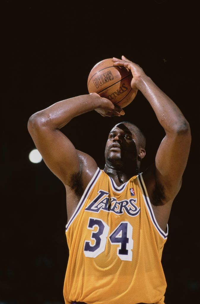 Shaquille O'Neal #34, Center for the Los Angeles Lakers prepares to shoot a free throw during the NBA Pacific Division basketball game against the Dallas Mavericks on 17th February 1999 at the Great Western Forum arena in Los Angeles, California, United States. The Lakers won the game 101 - 88.