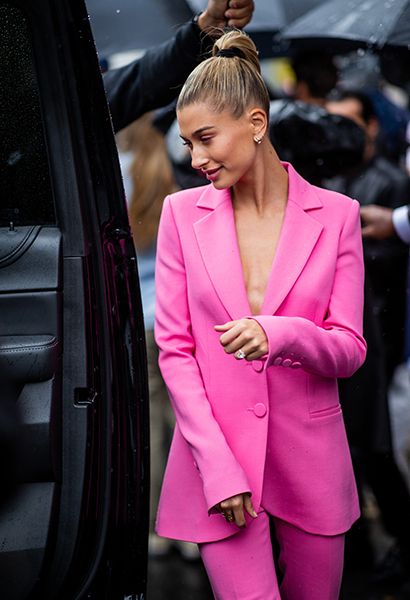 Hailey Bieber pink suit co ord