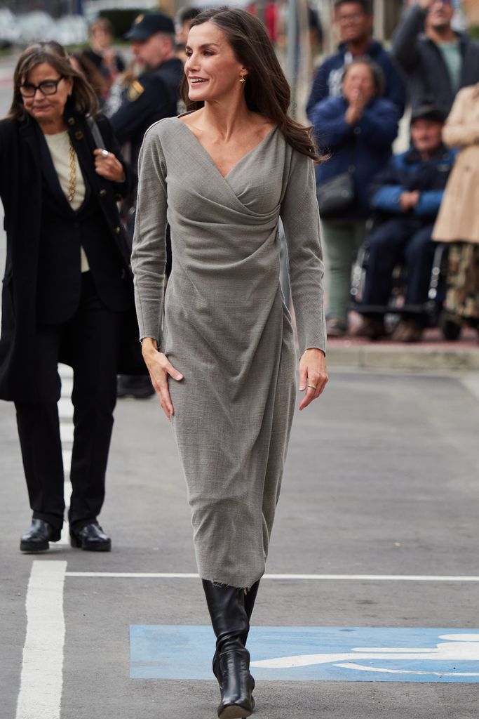 queen letizia grey dress and knee high boots at film festival 