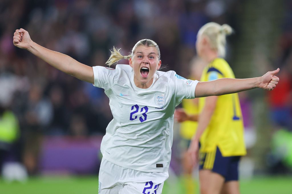 Alessia Russo of England celebrates after scoring her side's third goal during the UEFA Women's Euro England 2022 Semi Final match between England and Sweden/Belgium