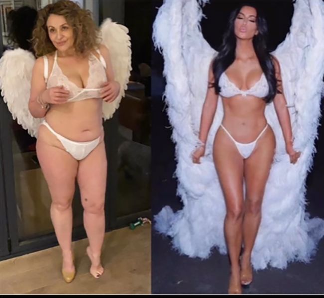 Split image of Nadia Sawalha and Kim Kardashian in lingerie and angel wings