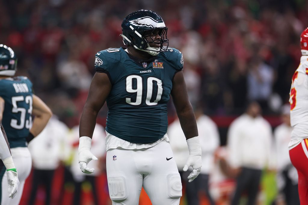 Jordan Davis #90 of the Philadelphia Eagles stands between plays during Super Bowl LIX against the Kansas City Chiefs