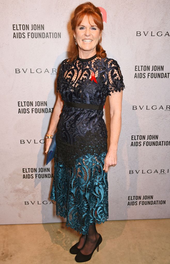 Sarah Ferguson wearing a lace turquoise dress